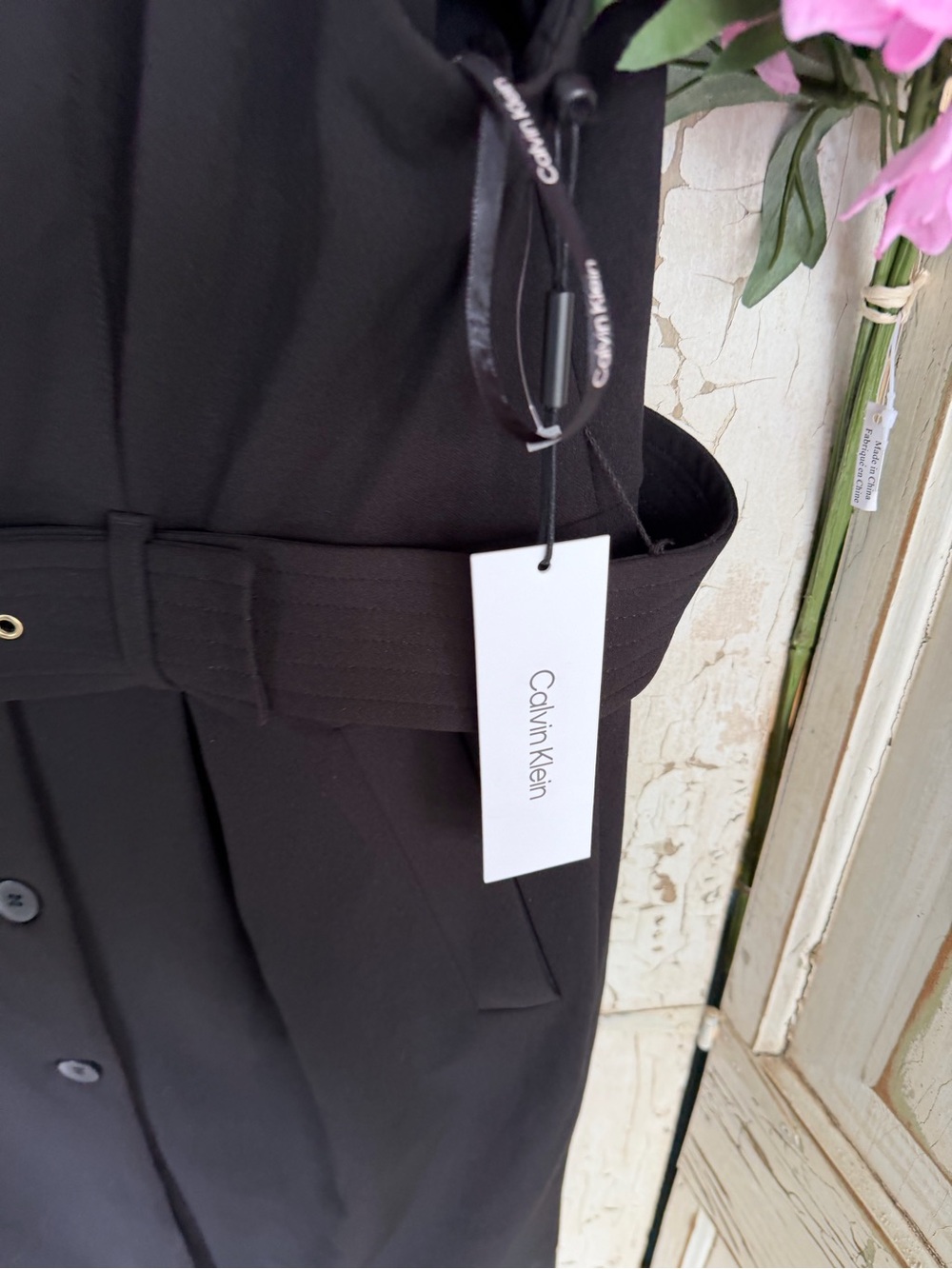 NWT Calvin Klein Black Sleeveless Belted Double-Breasted Midi Dress size 16 - Picture 2 of 5